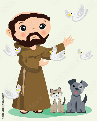 Illustration of Saint Francis of Assisi, religious saint, Italian saint, stigmata, saint with animals, dog, cat, doves, Franciscan, art