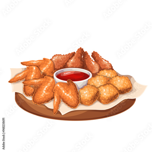 Serving of fried cartoon chicken legs, breast and wings. Portion of cooked meat on round wooden board with bowl of ketchup or chili sauce. Fast food mascot, cartoon chicken snack vector illustration