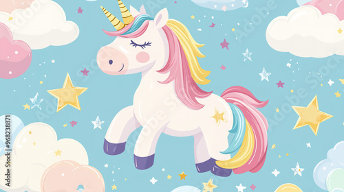 Charming pastel unicorn amidst twinkling stars and soft clouds, resulting in a delightful illustration ideal for enchanting children's products and imaginative storytelling.