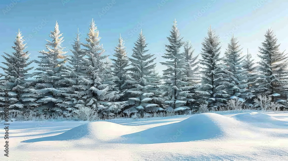 Snow covered fluffy spruce trees in a field of white drifts beneath a clear blue sky winter landscape snowdrifts banner Snow covered fluffy spruce trees in a field of white drifts beneath a clear blue sky winter landscape snowdrifts banner