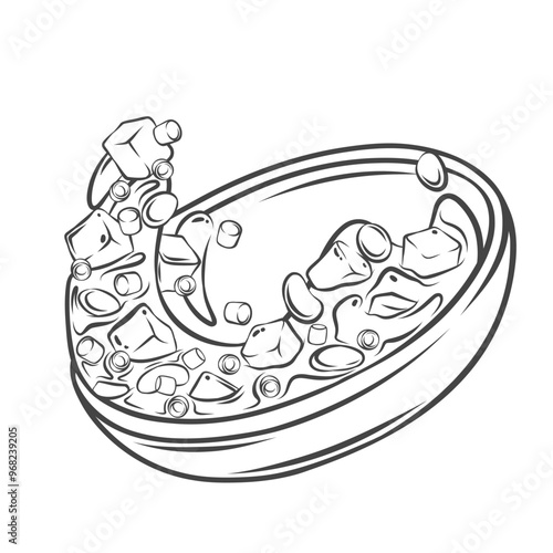 Flying tikka masala with paneer in bowl line icon. Outline paneer curry or gravy cup with tofu cubes and vegetable. Asian food mascot, hand drawn spicy vegetarian dish icon vector illustration