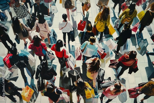 The clash of consumerism and minimalism amid a bustling shopping crowd in a busy urban center