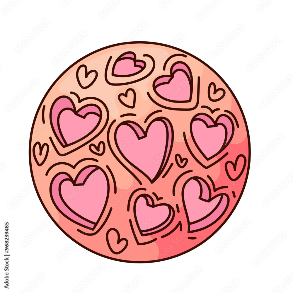 Groovy cartoon Moon with heart craters. Funny retro pink alien planet with holes in space. Love universe, Valentines Day mascot, cartoon sticker of funky Moon 70s 80s style vector illustration Groovy cartoon Moon with heart craters. Funny retro pink alien planet with holes in space. Love universe, Valentines Day mascot, cartoon sticker of funky Moon 70s 80s style vector illustration