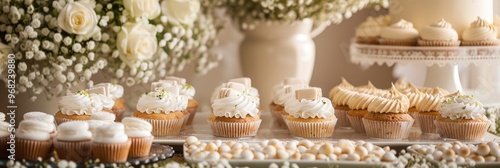 Wallpaper Mural Stylish Dessert Buffet featuring Tiramisu Cupcakes and Macarons Adorned with Gypsophila and White Roses Torontodigital.ca