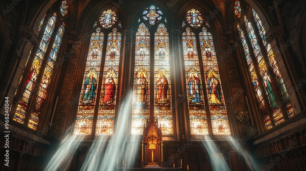 Church interior with stained glass windows Church interior with stained glass windows