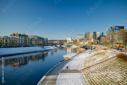 Beautiful Vilnius city scene in winter. Early evening view. Winter city scenery in Vilnius, Lithuania.