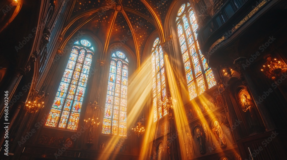 Obraz premium Stained glass church with sun rays
