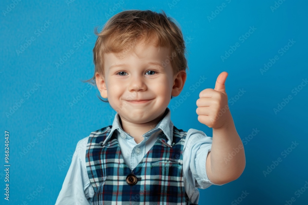 Primary school student smiling on blue background Primary school student smiling on blue background
