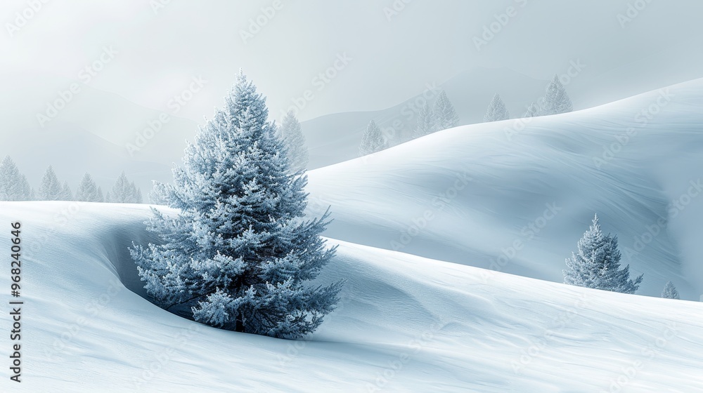 Fototapeta premium Snow covered fluffy spruce trees in a winter field amidst a blizzard of white snowdrifts landscape banner
