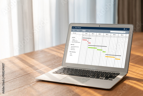 Project planning software for modish business project management on the computer screen showing timeline chart of the team project