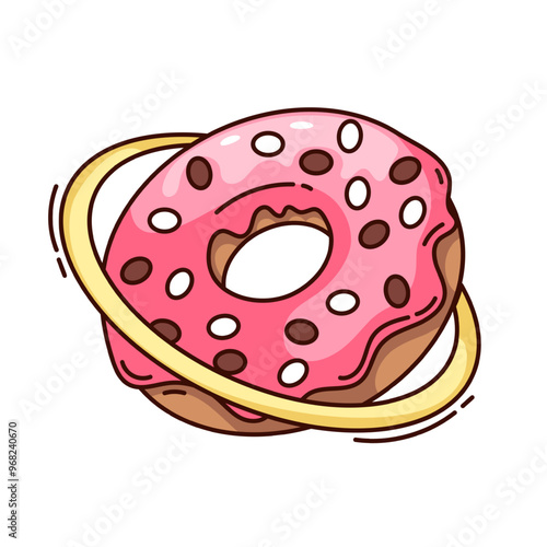 Groovy cartoon donut planet with orbit. Funny retro doughnut with pink glaze in sweet alien universe. Space, dessert of pastry shop mascot, cartoon donut sticker of 70s 80s style vector illustration