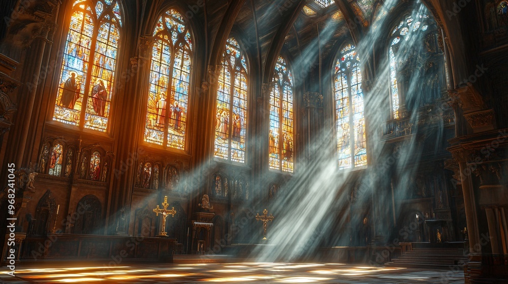 Fototapeta premium religious background with light rays in church