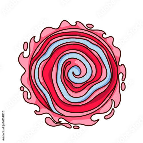 Groovy nebula with cartoon psychedelic spiral swirls. Funny retro black hole portal with pink and blue pattern. Milky way, universe mascot, cartoon nebula sticker of 70s 80s style vector illustration