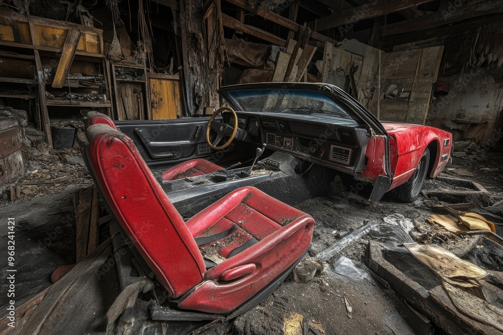 Fototapeta premium Abandoned Red Car Interior with Dusty Seats in a Rundown Garage