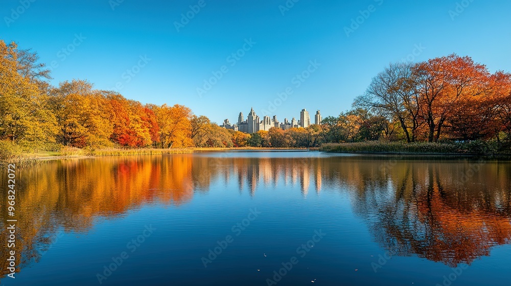 Autumnal Reflections in Central Park Lake with Skyline View