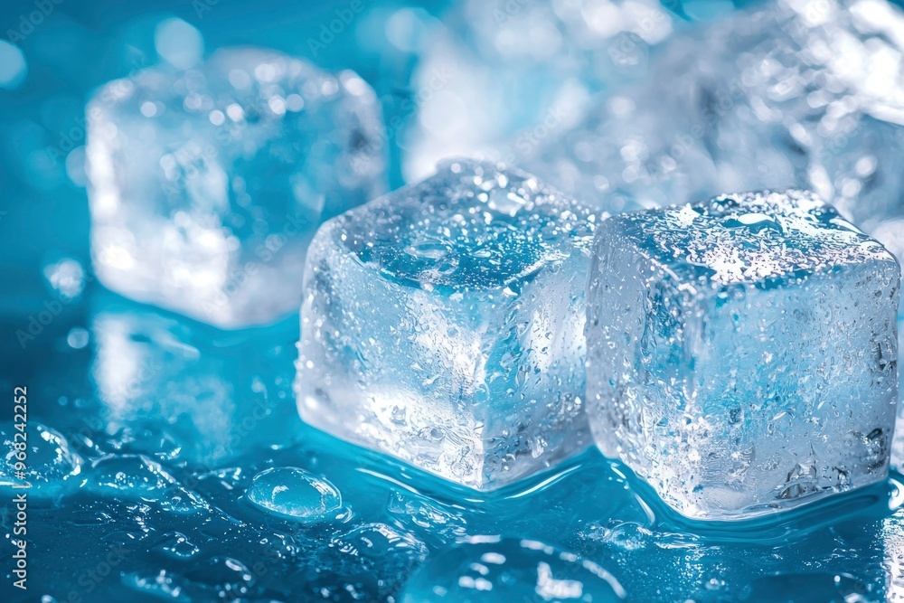 Close-up of Wet Ice Cubes on a Blue Surface Close-up of Wet Ice Cubes on a Blue Surface