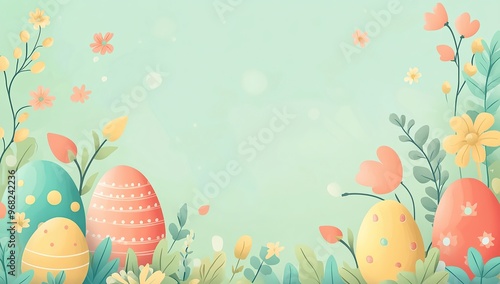 Easter background with Easter eggs and flowers, pastel colors, vector illustration