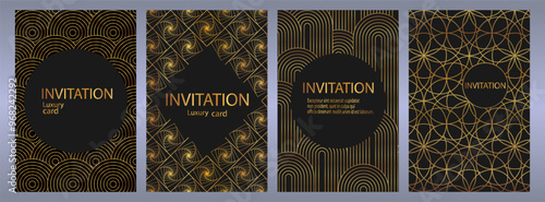 Luxury invitation art deco card background set. Abstract Gold geometric shape, gold line gradient on dark background. Premium design for gala, grand opening, party invitation, layout, templates.