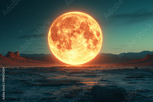 A giant, luminous moon rising from a desert, casting an otherworldly light on the barren landscape. Concept of celestial phenomena transforming harsh environments.