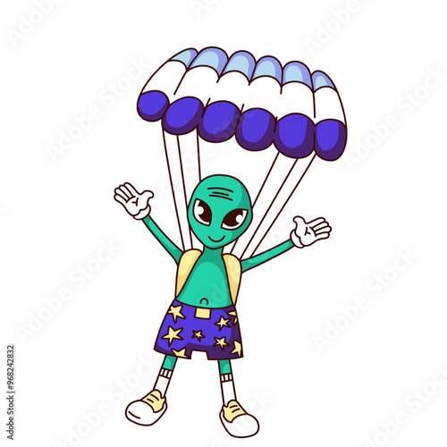 Groovy alien skydiver cartoon character flying with parachute. Funny retro alien landing. Space tourist mascot, sky jump of cartoon funky parachutist sticker of 70s 80s style vector illustration