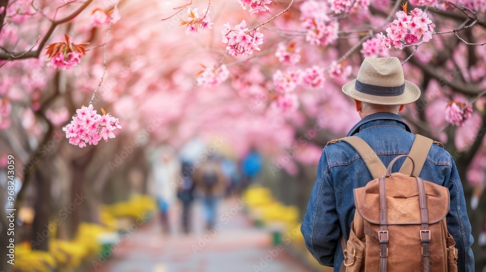 A man wearing a felt hat and carrying a brown backpack surrounded by pink cherry blossoms in a park. View from behind. A man wearing a felt hat and carrying a brown backpack surrounded by pink cherry blossoms in a park. View from behind.