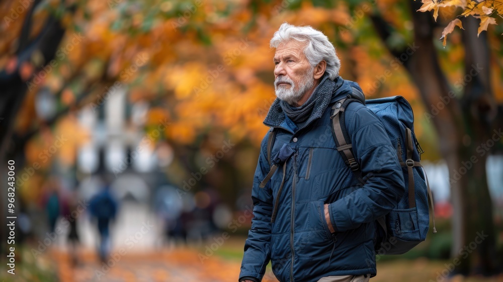 An elderly man walking through an autumn park wearing a warm jacket and carrying a backpack. An elderly man walking through an autumn park wearing a warm jacket and carrying a backpack.
