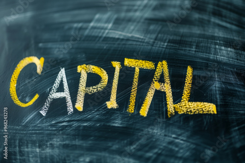 Capital is a word that is written in yellow on a black chalkboard. The word is written in cursive style, with the letters appearing to be drawn rather than typed photo