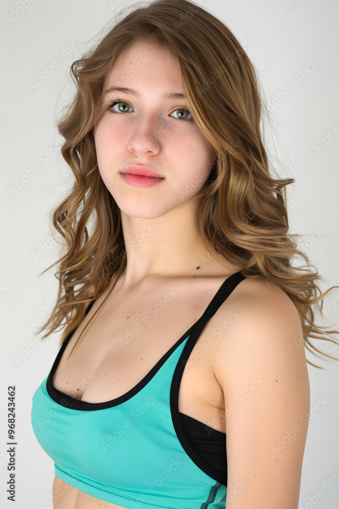 Woman with long brown hair and a green tank top. She is smiling and looking at the camera Woman with long brown hair and a green tank top. She is smiling and looking at the camera