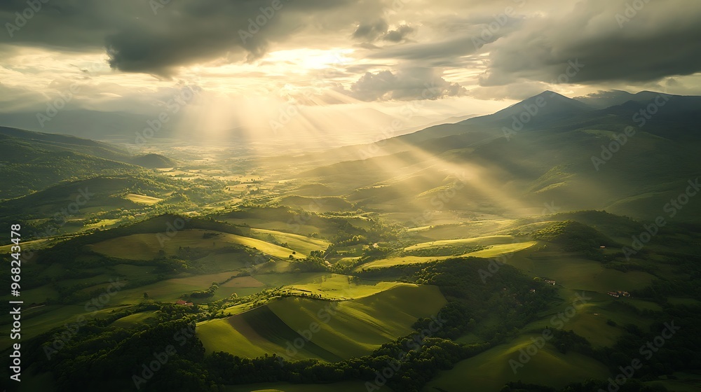 Aerial view of sun rays shining through clouds over green hills Aerial view of sun rays shining through clouds over green hills