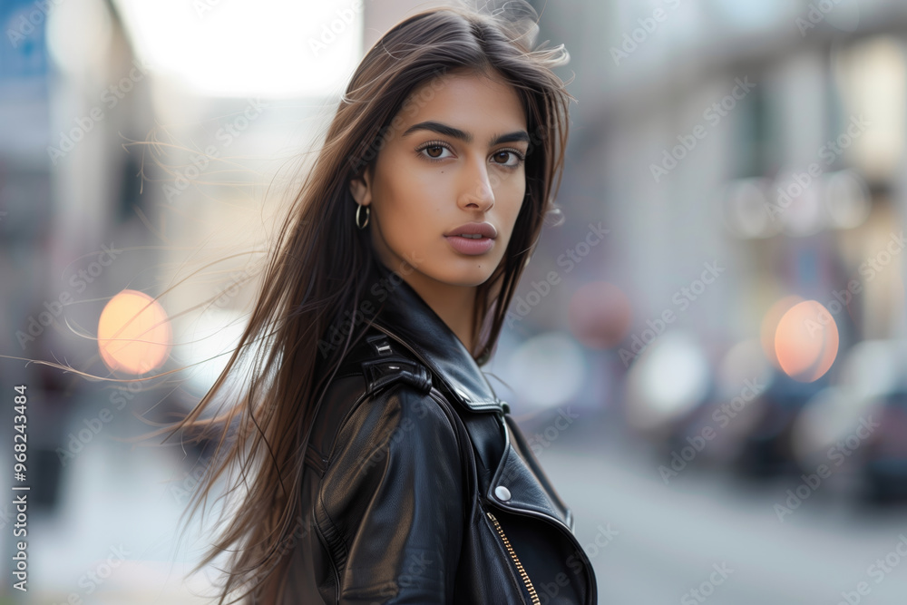 Fototapeta premium A woman with long hair is wearing a black leather jacket