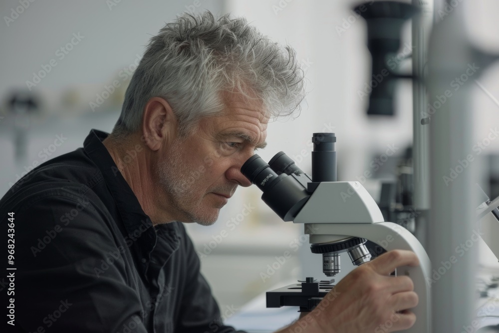 Gray-haired man examines samples through a microscope in a daylight laboratory with medical equipment in the background Gray-haired man examines samples through a microscope in a daylight laboratory with medical equipment in the background
