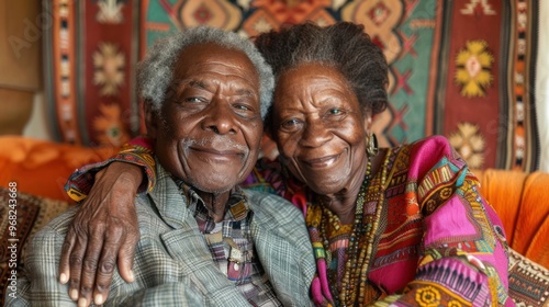 An elderly African American couple hugs each other in a room with authentic interiors, enjoying a cozy corner with handmade rugs and pillows.