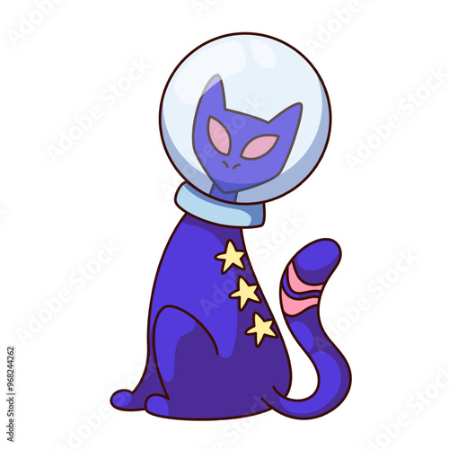 Groovy cartoon alien cat in astronauts helmet on head. Funny retro purple cosmic kitten with tail and paws. Space animal mascot, cartoon alien pet sticker of 70s 80s style vector illustration