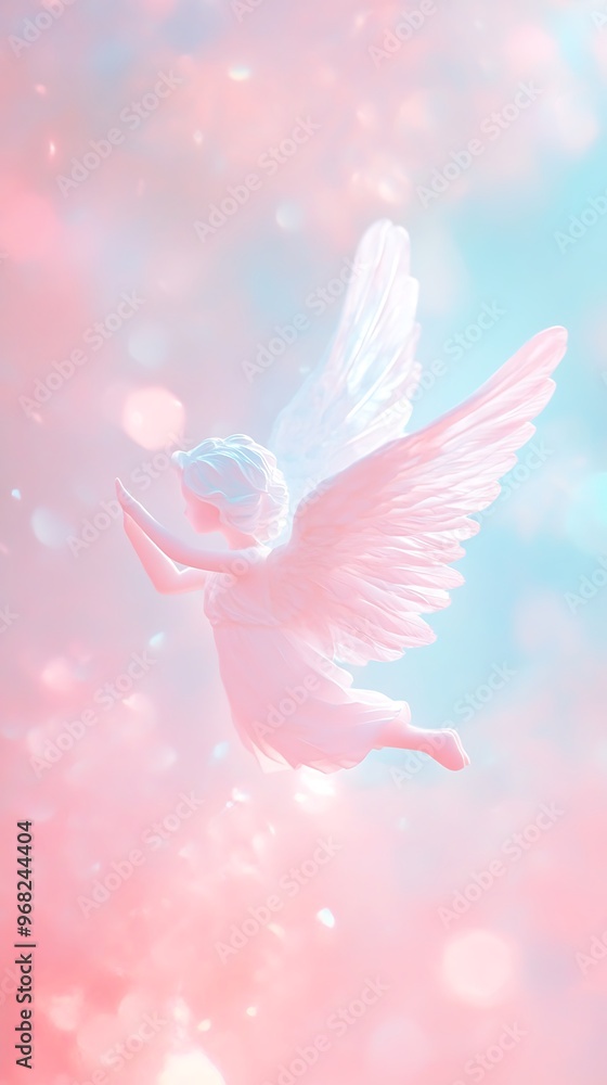 Fototapeta premium Pastel Angel Wings, Abstract Pink and Blue Sky Background, Cute Angel Flying, Watercolor Illustration