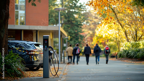 Electric sprinters charging at a university campus with students walking around.