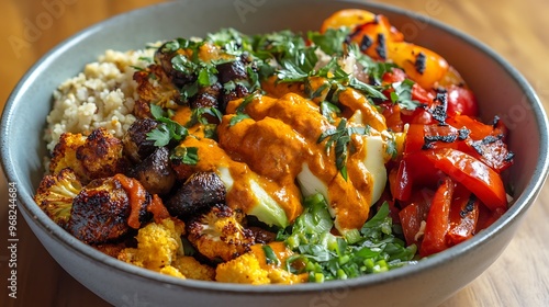 Delicious vegan buddha bowl with hummus, cauliflower, bell peppers, zucchini and cilantro photo