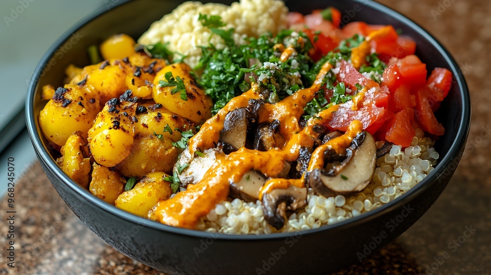Delicious and healthy quinoa bowl with roasted vegetables, hummus, and a creamy sauce Delicious and healthy quinoa bowl with roasted vegetables, hummus, and a creamy sauce