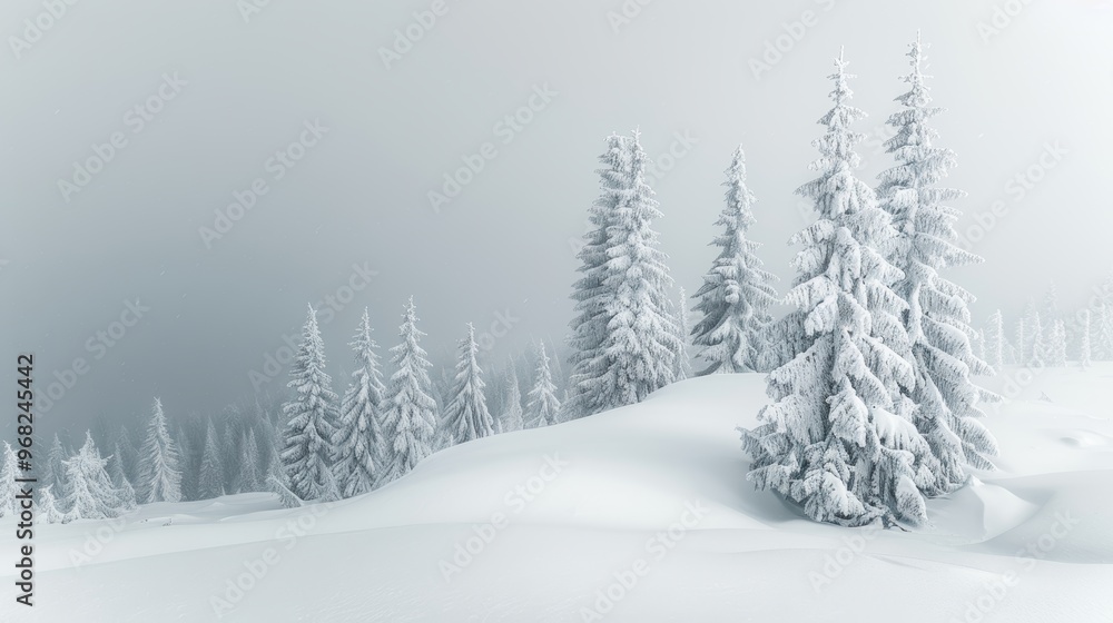Fototapeta premium Snow covered fluffy spruce trees of varying heights in a winter blizzard landscape snowdrifts banner