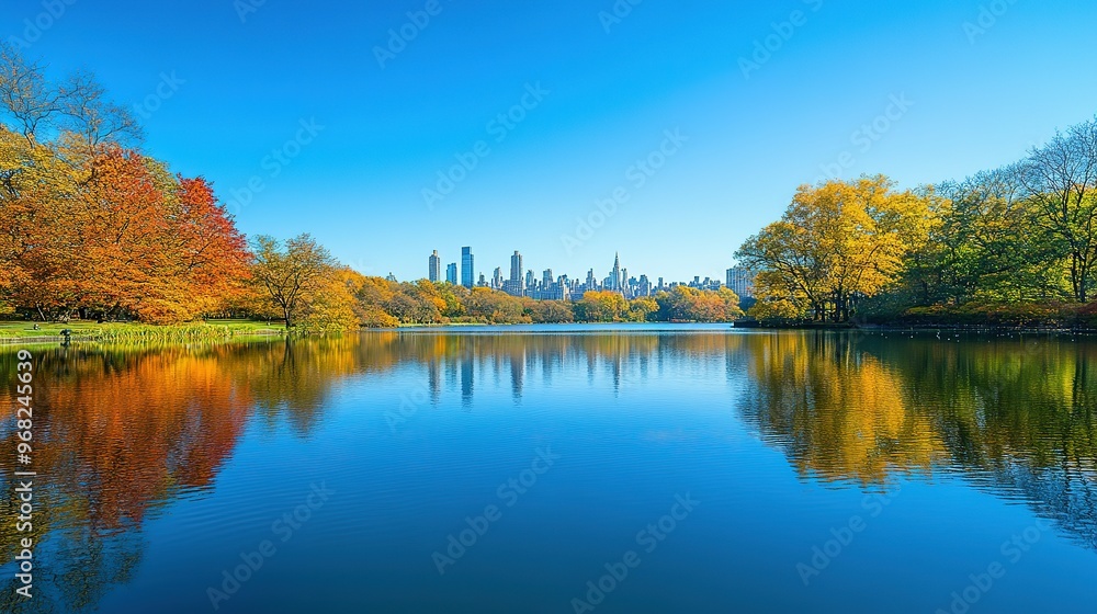 Fototapeta premium Fall Foliage Reflecting in a Calm Lake with a City Skyline in the Distance