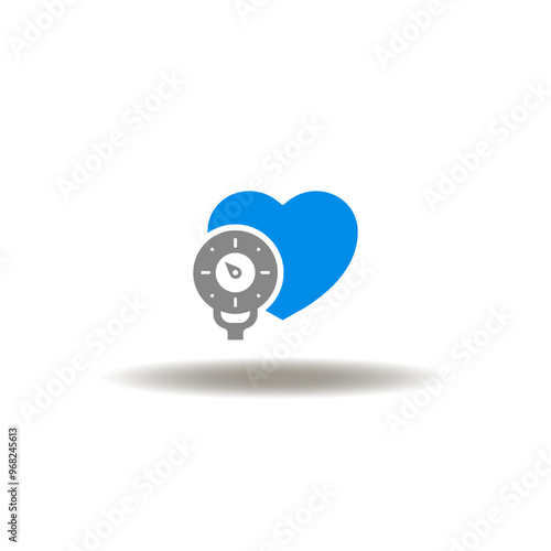 Vector illustration of heart with sphygmomanometer. Icon of blood pressure monitor, tonometer. Symbol of hypertension, hypotension test diagnosis.