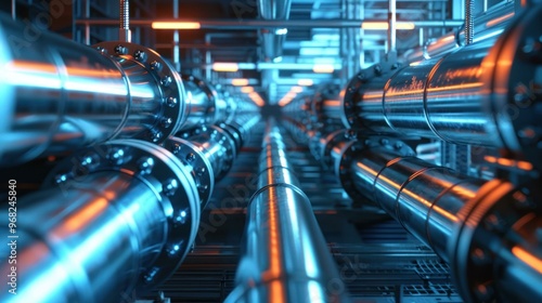 High-tech industrial pipeline system with vibrant lighting in modern factory setting