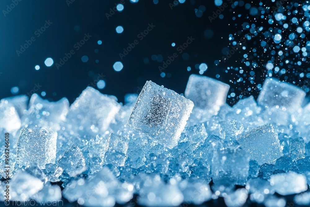 Obraz premium Closeup of Ice Cubes with Water Droplets Falling