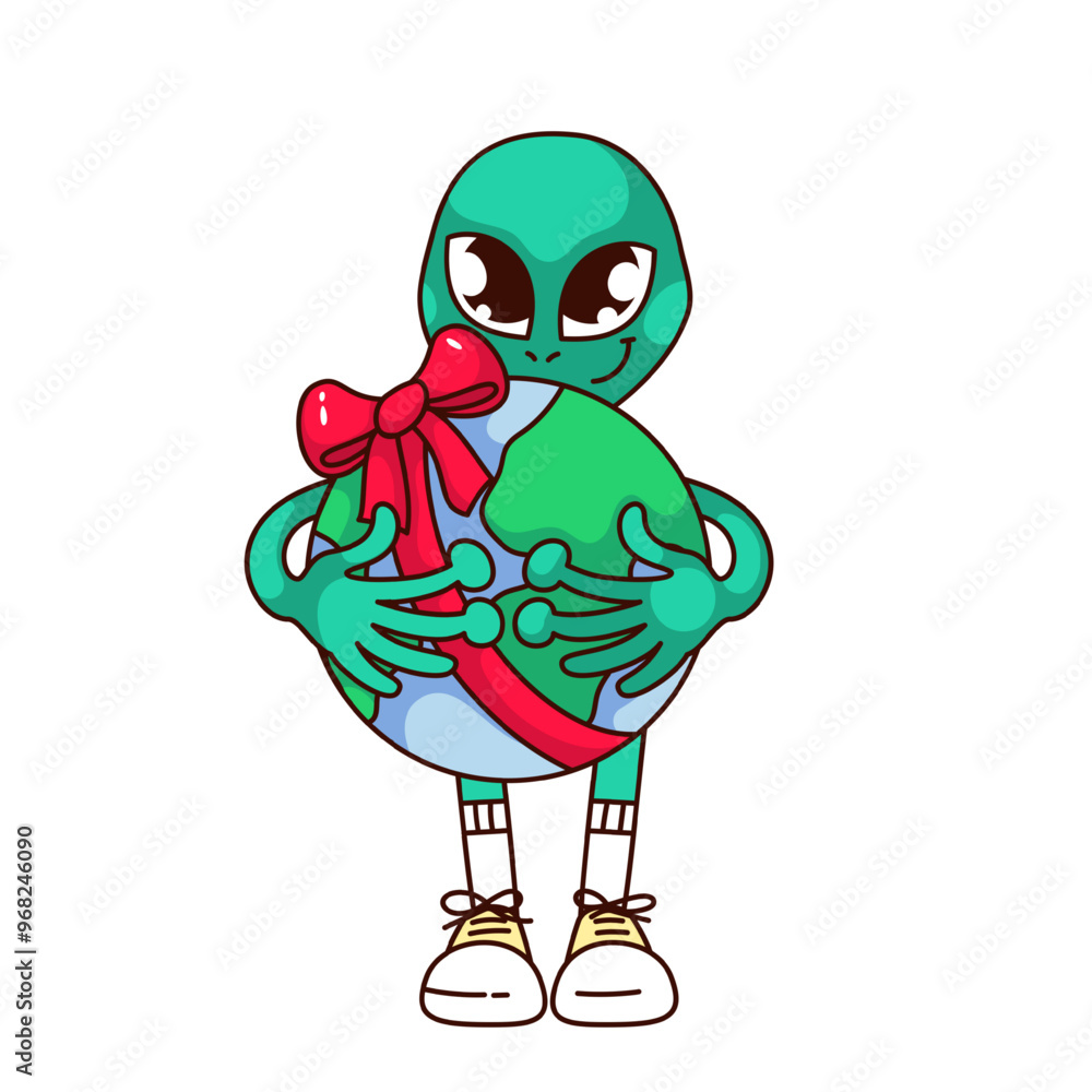 Groovy alien cartoon character holding planet Earth with red ribbon bow. Funny retro green monster with gift. Space mascot, cartoon aliens present sticker of 70s 80s style vector illustration Groovy alien cartoon character holding planet Earth with red ribbon bow. Funny retro green monster with gift. Space mascot, cartoon aliens present sticker of 70s 80s style vector illustration