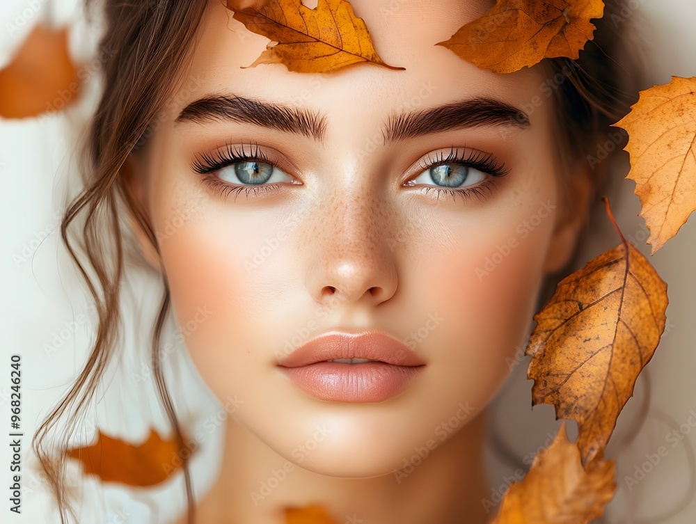 Close-up portrait of woman with autumn leaves, natural beauty, freckled face, soft makeup, fall season concept, serene expression
Close-up portrait of woman with autumn leaves, natural beauty, freckled face, soft makeup, fall season concept, serene expression