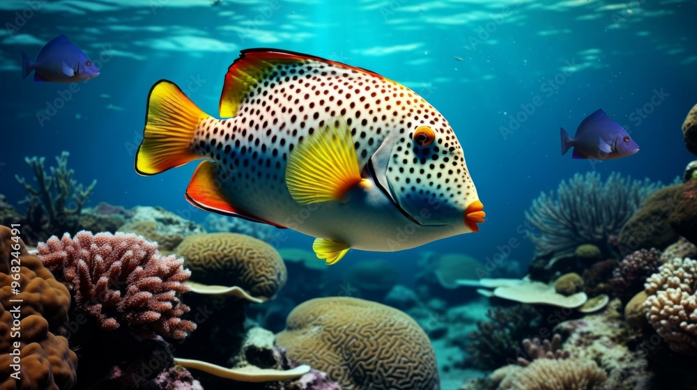 Obraz premium Colorful tropical fish swimming in vibrant coral reef with clear blue water and marine life diversity.