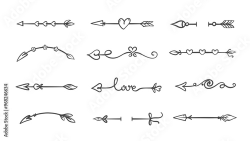 Cupids arrows line icons set. Outline retro flower and heart ornament text dividers collection, hand drawn Love text and flourish decor. Calligraphic arrows with fancy ornament vector illustration