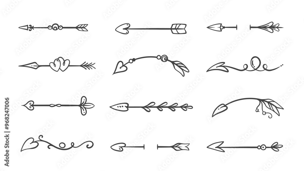 Cupids arrows line icons set. Outline retro curve and straight borders, hand drawn arrows with heart. Cute elements for Valentines Day card, love letter and wedding invitation icon vector illustration Cupids arrows line icons set. Outline retro curve and straight borders, hand drawn arrows with heart. Cute elements for Valentines Day card, love letter and wedding invitation icon vector illustration