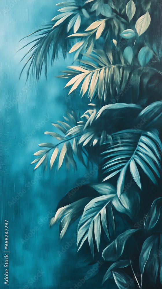 Tropical leaf painting with teal tones, elegant art. Nature and creativity concept Tropical leaf painting with teal tones, elegant art. Nature and creativity concept