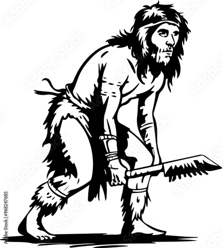 Caveman with Tool: Primitive Illustration