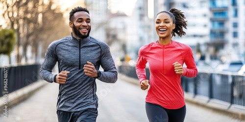 Smiling African American couple jogging together in urban environment, enjoying outdoor fitness activity